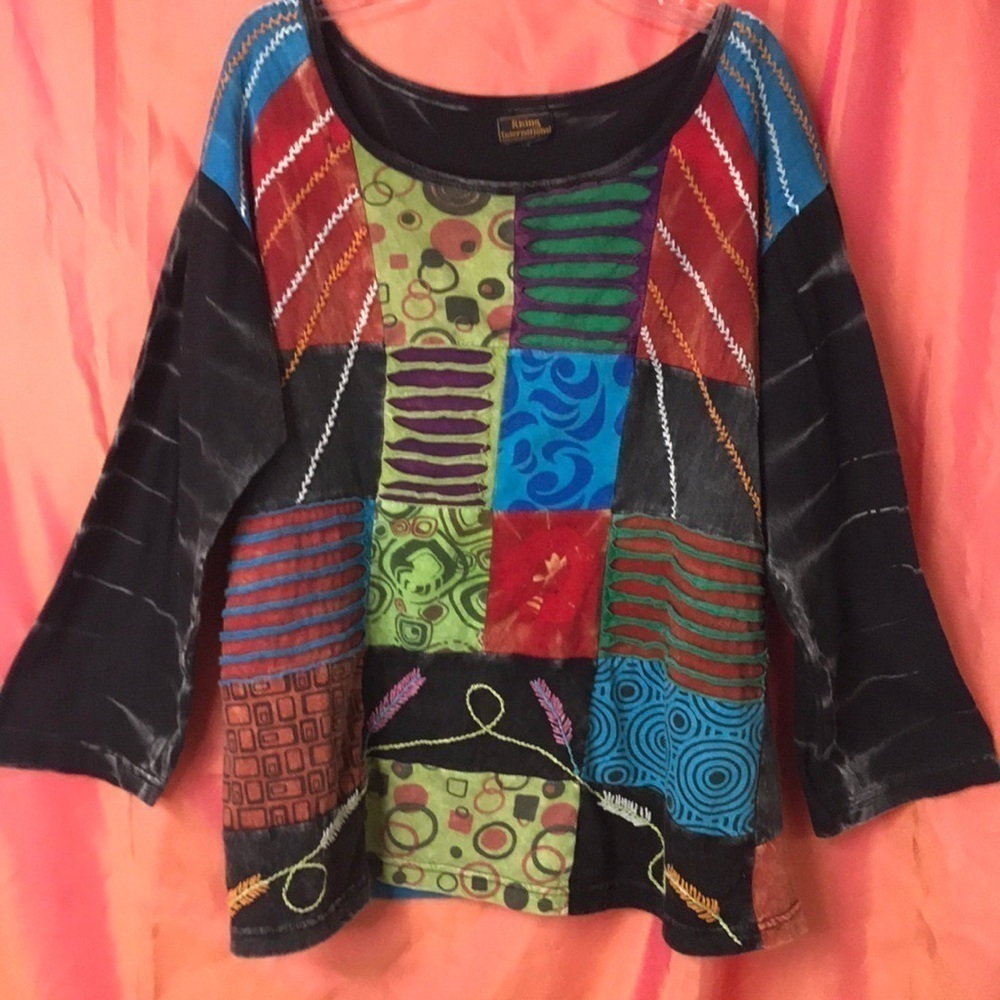 Rising international Women’s Patchwork Top Sleeves and back are tie dye. Funky